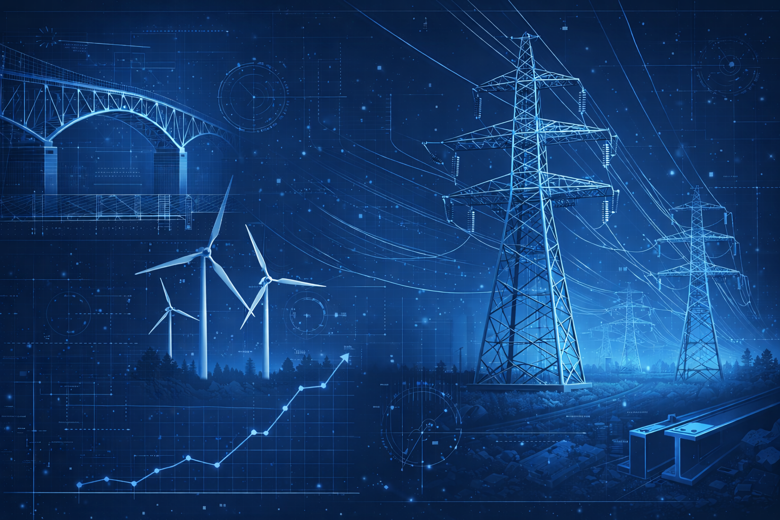 Blueprint-style engineering graphic showing transmission towers and wind turbines in a blue theme.